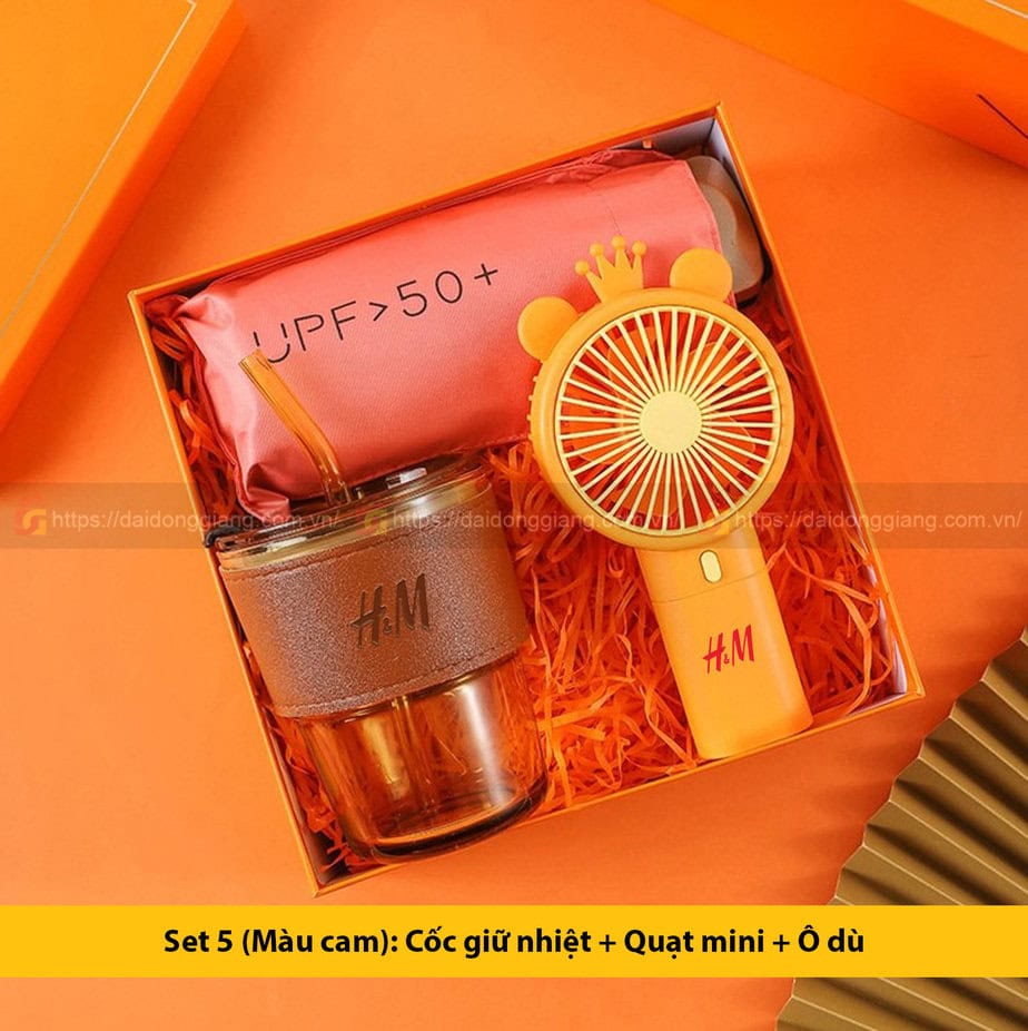 Set 5 (màu cam) cốc giữ nhiệt + quạt mini + ô dù